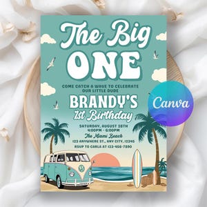 Editable Boy The Big One Surfing 1st Birthday Party Invitation, Retro Boy Surf Van Surfboard Beach Party Invite, Editable Canva Template