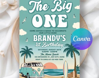 Editable Boy The Big One Surfing 1st Birthday Party Invitation, Retro Boy Surf Van Surfboard Beach Party Invite, Editable Canva Template