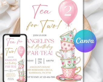 Tea for Two Birthday Invitation, Let's Partea Invitation, Blush Pink Two Year Birthday Invite, Digital Download, Editable Canva Template