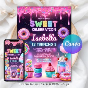 May include: A digital invitation for a sweet celebration. The design features a pink and purple color scheme with donuts, cupcakes, and candy. The text reads "Sweet Celebration Isabella is turning 3". Includes two sizes: 5x7 inches and 1080x1920 px.