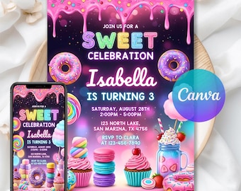 Sweets Birthday Invitation, Sweet Celebration Candyland Invitation, Candy Ice Cream Cupcake Donut, Digital Download, Editable Canva Template