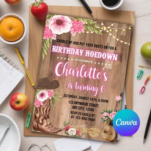 Convite de aniversário de cowgirl, convite de aniversário de western hoedown, prepare-se e calce suas botas, convite de aniversário de rodeio, modelo editável do Canva