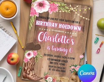 Cowgirl Birthday Invitation, Western Hoedown Birthday Invite, Saddle Up And Put Your Boots On, Rodeo Birthday Invite Editable Canva Template