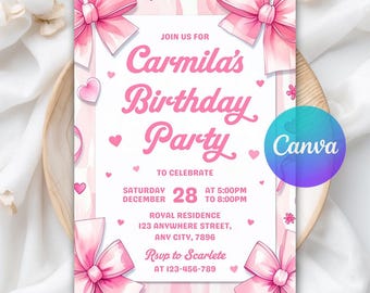 Faire-part d'anniversaire thème noeud rose, faire-part anniversaire noeud rose, noeud coquette invitation anniversaire fille, modèle de toile éditable