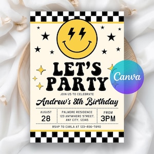 May include: A retro-style birthday party invitation with a yellow smiley face and lightning bolts. The invitation features the text "LET'S PARTY" and "Andrew's 8th Birthday" with event details. The design includes black stars and a checkered border.