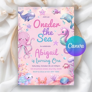 Oneder the Sea Birthday Invitation, Under the Sea Invitation, 1st Birthday, Ocean Animals Girls Printable Invite, Editable Canva Template