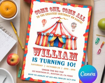 Carnival Birthday Invitation, Circus Birthday Invitation, Carnival Invitation, Carnival Circus Printable Invitation Editable Canva Template