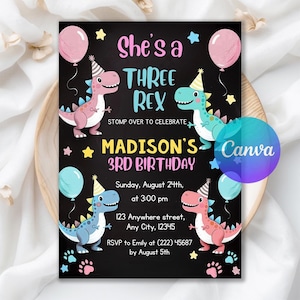 Pastel Dinosaur Birthday Invitation, Girl Three Rex Party Invite, Dinosaur Invites, Cute Dino Pink Printable Invite, Editable Canva Template