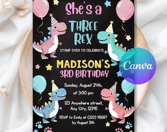 Pastel Dinosaur Birthday Invitation, Girl Three Rex Party Invite, Dinosaur Invites, Cute Dino Pink Printable Invite, Editable Canva Template