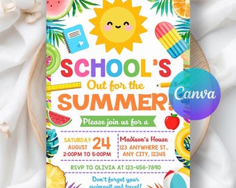 Editable End of School Party Invitation, Schools Out Party Invitation, Summer Pool Party, Pool Party, Hello Summer, Editable Canva Template