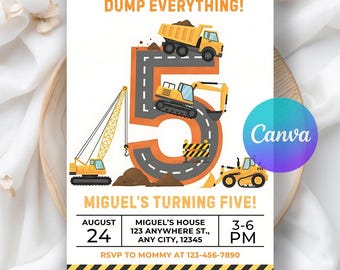 Invito per il quinto compleanno di un camion da costruzione: discarica, festa per ragazzi, quinto compleanno, modello Canva modificabile (digitale)