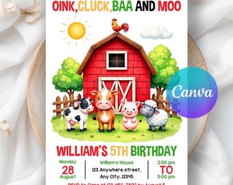 Farm Birthday Invitation, Farm Animals Party Invites, Farm Animals Birthday Kids Invitation, Barnyard Animals Party, Editable Canva Template