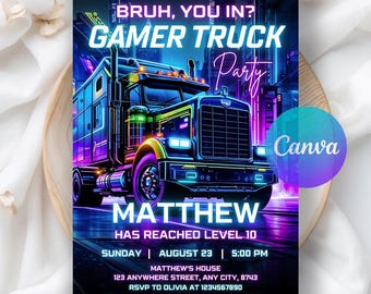Video Game Truck Birthday Invitation, Neon Gamer Truck Party Invite, Gaming Bus Birthday Invitation, Gaming Truck Invite, Editable Canva