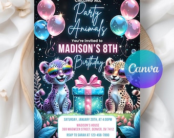 Calling All Party Animals Invitation, Neon Party Animal Kids Birthday Invite, Safari Party Invite, Digital Download, Editable Canva Template