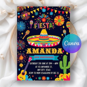 Fiesta Birthday Invitation, Mexican Theme Invitation, Fiesta Invitation, Mexican Papel Birthday Invite, Fiesta Party,Editable Canva Template