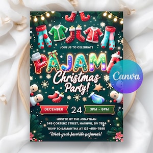 Peut inclure: Une invitation festive pour une soirée pyjama de Noël. Le design présente des hauts et des chaussettes de pyjama colorés, des flocons de neige et le texte "Pajama Christmas Party!". La date est le 24 décembre, de 15h à 18h. Comprend les informations RSVP.