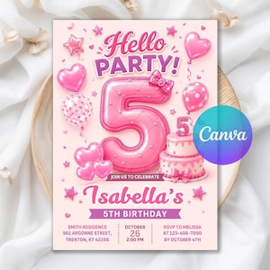 Pink Bow 5th Birthday Invitation, Cute Pink Birthday Theme Invite, Girls Pink Hello Party Invite, Digital Download, Editable Canva Template