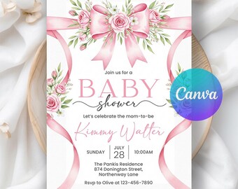 Pink Bow Baby Shower Invitation, Floral Girl Invite, Bow Baby Shower Invitation, Girl Coquette Baby Shower Invite, Editable Canva Template
