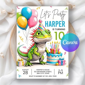 Puede incluir: Invitación de fiesta de cumpleaños con un dinosaurio de dibujos animados, globos y una tarta. La invitación dice "Let's Party HARPER IS TURNING 10" con detalles del evento: 28 de agosto, 2-5 PM. El diseño incluye el logo de Canva.