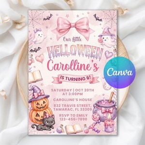 Halloween-Geburtstagseinladung, süße Geister-Halloween-Geburtstagseinladung, gruselige Geister-Kürbis-Einladung in Rosa, bearbeitbare Canva-Vorlage