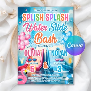 May include: A vibrant invitation for a water slide bash, featuring the text "SPLISH SPLASH Water Slide Bash" in colorful fonts. The invitation includes water slides, balloons, and a flamingo, with details for Olivia and Nolan's birthdays.