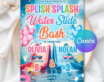 Joint Pool Party Birthday Invitation, Splish Splash Dual Sibling, Swimming Party, Joint Pool Party, Summer Party, Editable Canva Template