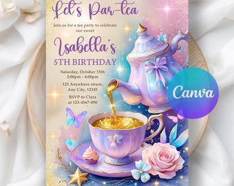 ティーパーティーの誕生日招待状、パーティー招待状、女の子向けパーティー招待状、気まぐれなティーパーティー招待状のデジタルダウンロード、編集可能なCanvaテンプレート
