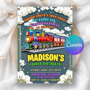 Train Birthday Invitation, Train Invitation, All Aboard Birthday Invite, Train Party, Boy Birthday Digital Download, Editable Canva Template