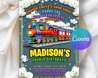 Train Birthday Invitation, Train Invitation, All Aboard Birthday Invite, Train Party, Boy Birthday Digital Download, Editable Canva Template