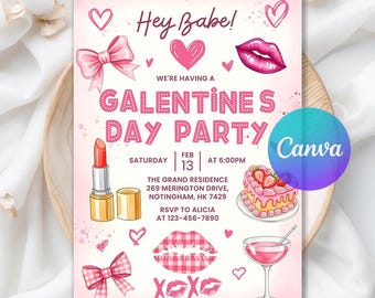 Galentine's Party Invitation, Friends Valentines Party Invite, Digital Download, Editable Canva Template