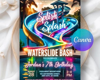 Bewerkbare waterglijbaan verjaardagsuitnodiging, waterglijbaan uitnodiging, jongen meisje splash party uitnodiging, zomerzwembadfeest, bewerkbare canvassjabloon