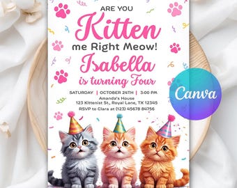 Cat Invitation, Cute Cats Birthday Invite, Kitty Cat Birthday Party, Let's Pawty, Are You Kitten Me Right Meow, Editable Canva Template