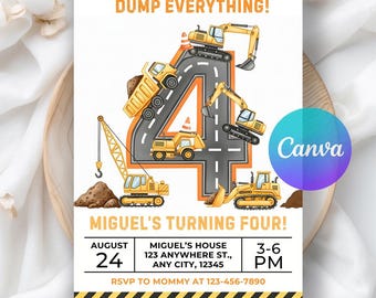 Invito per il quarto compleanno di un camion da costruzione: discarica, festa per ragazzi, 4° compleanno, modello Canva modificabile (digitale)