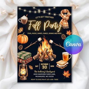 Puede incluir: Una invitación negra para fiesta de otoño con fogata, s'mores, calabaza, bufanda a cuadros, linterna y luces de cadena. El texto incluye: LET'S GET TOGETHER Fall Party, FOOD, MUSIC, GAMES, DANCE, DRINKS AND MORE, SAT OCTOBER 30 6PM, The Anthony's Backyard.
