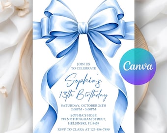 Blue Bow Birthday Invitation, Girls Ribbon Coquette Party Invite, Digital Download, Editable Canva Template