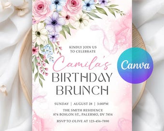 Pink Peach Floral Birthday Brunch Invitation, Floral Girls Birthday Party Invite, Let's Brunch Printable Invite, Editable Canva Template