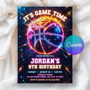 May include: A vibrant basketball-themed birthday invitation. The design features a glowing basketball with neon accents against a dark blue background. Text includes "IT'S GAME TIME" and details for Jordan's 8th birthday, including date, time, and location.