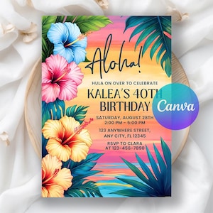 Tropical Birthday Invitation, Hawaiian Pineapple Birthday Invitation, Luau Invitation, Aloha Party Digital Invite, Editable Canva Template