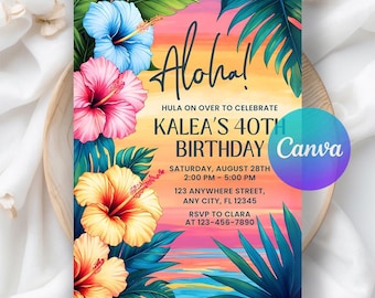 Tropical Birthday Invitation, Hawaiian Pineapple Birthday Invitation, Luau Invitation, Aloha Party Digital Invite, Editable Canva Template