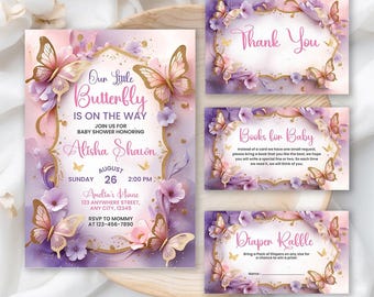 butterfly invitations purple and gold baby shower invitations Butterfly Baby Shower Invitation: Butterfly, Gender Reveal Event, Purple  Gold (editable Canva Template Digital Download) UK