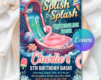 Water Slide Birthday Invitation, Water Slide Invitation, Water Slide Summer Pool Party, Girl Splash Party Invite, Editable Canva Template