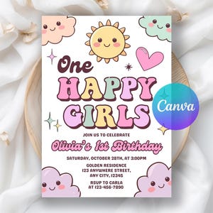 One Happy Girl Birthday Invitation, 1st Birthday Invitation, Girl First Birthday Invite, Sunshine Printable Invite, Editable Canva Template