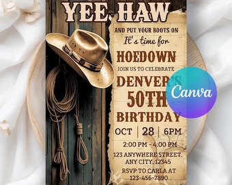 Cowboy Birthday Invitation, Saddle Up And Put Your Boots On, Western Hoedown Birthday Party Invitation Printable Template, Editable Canva