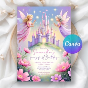 Fairy First Birthday Invitation, Fairy Invitation, Girls Birthday Party Fairy Invite, Girl 1st Birthday, Printable Editable Canva Template