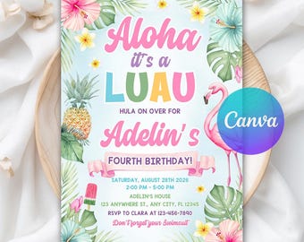 Invitación de cumpleaños Aloha Luau, invitación de cumpleaños Luau, fiesta de cumpleaños hawaiana, invitación Aloha Luau, descarga instantánea, plantilla editable de Canva
