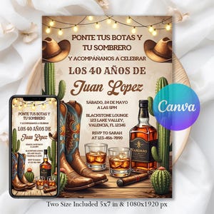 May include: A western-themed invitation with the text "Ponte Tus Botas Y Tu Sombrero" and "Los 40 Años De Juan Lopez". The design includes cowboy boots, a bottle of whiskey, glasses of whiskey, a cigar, and cacti. The invitation is available in two sizes.
