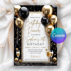 Dinner Party Invitation Template, Black Rehearsal Dinner Invite, Birthday Dinner Invitation, Dinner Party Invite, Editable Canva Template