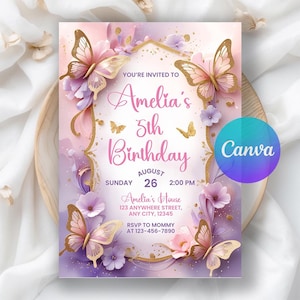 Verjaardagsuitnodiging vlinder, meisjesvlinderfeest, paarse vlinder verjaardagsuitnodiging, eerste verjaardagsuitnodiging, bewerkbare canvassjabloon