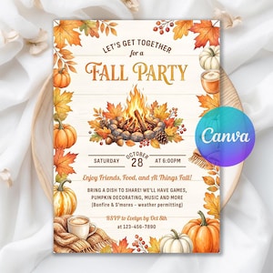May include: A fall party invitation card featuring a central bonfire illustration surrounded by autumn leaves, pumpkins, and a mug of coffee. The text reads: Let's Get Together for a Fall Party, Saturday October 28 at 6:00PM, Enjoy Friends, Food, and All Things Fall!