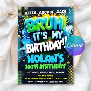 Convite "É meu aniversário, mano", convite neon, convite para festa "Você é meu mano", convite para adolescente, download digital, modelo editável do Canva